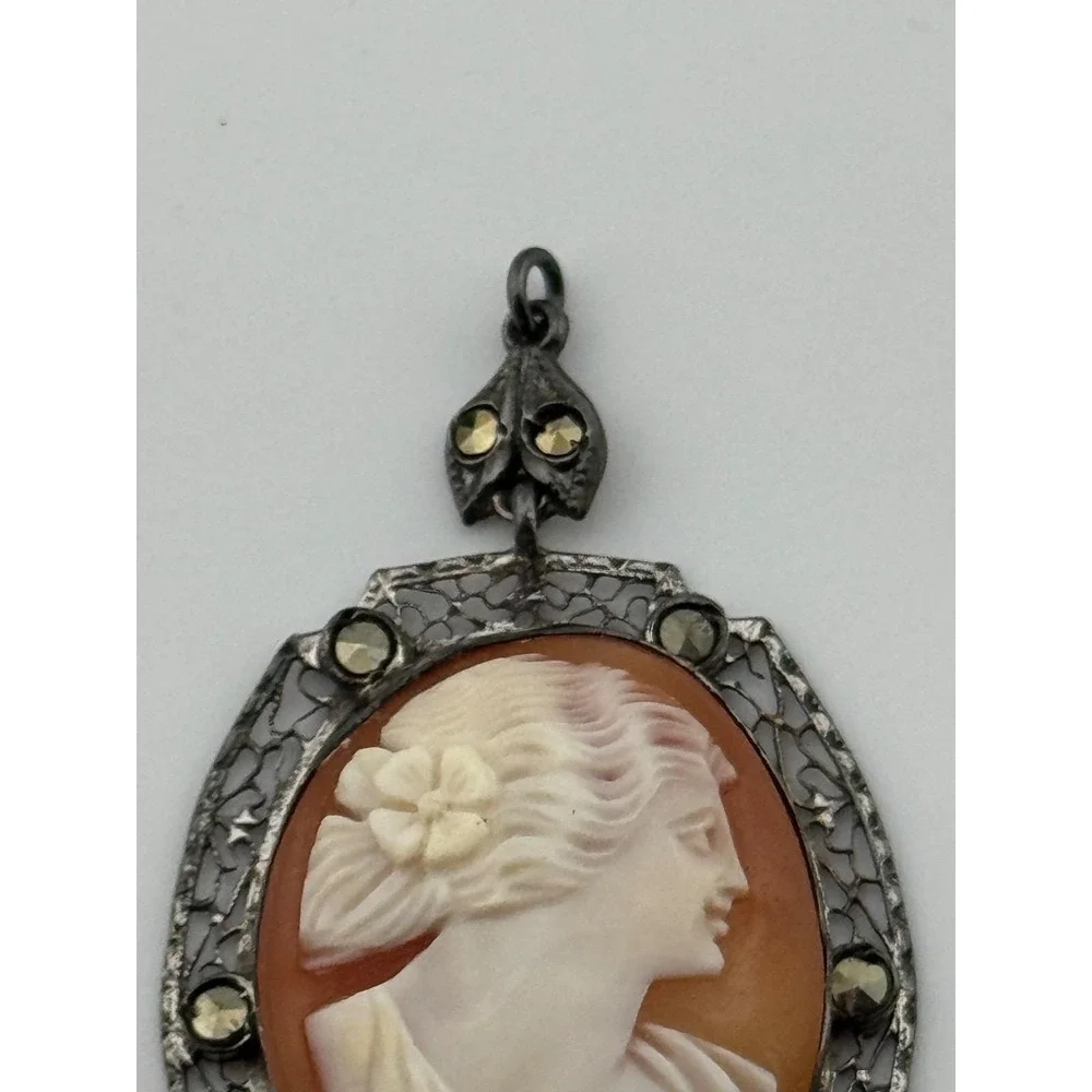 Vintage‎ Art Deco Sterling Silver Filigree Marcasite Carved Shell Cameo Pendant